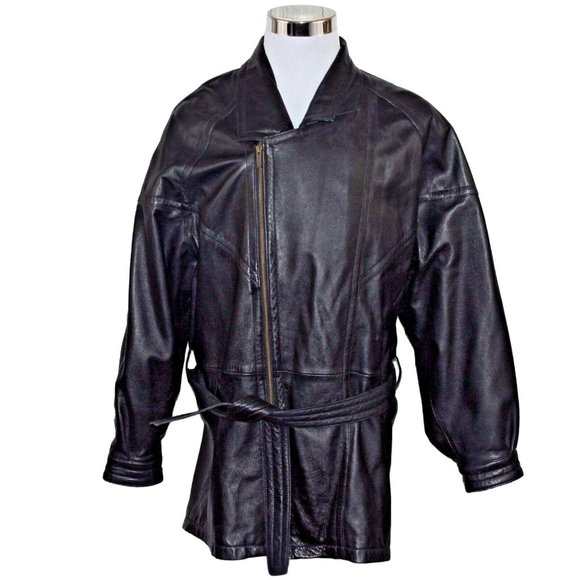 Wilsons Leather Other - Wilson's Medium Asymmetrical Full Zip 100% Leather Belted Notched Collar Coat